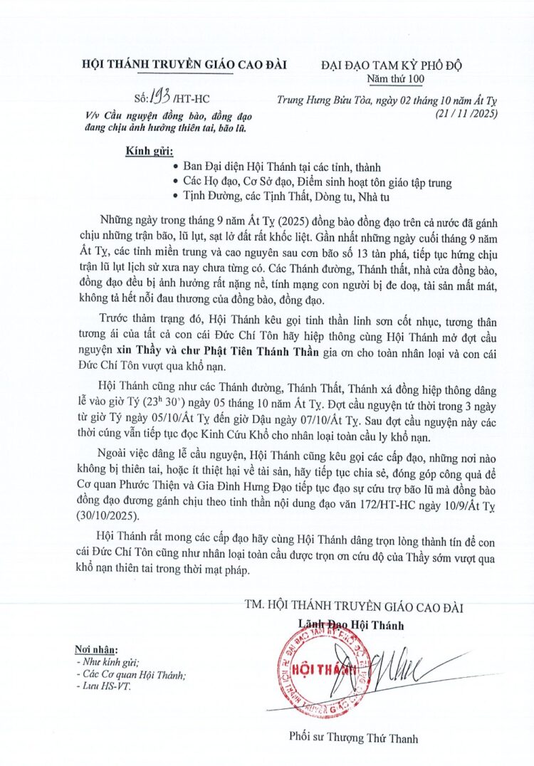 HỘI THÁNH PHÁT ĐỘNG TOÀN ĐẠO CHUNG LÒNG CẦU NGUYỆN ĐỂ ĐỒNG BÀO, ĐỒNG ĐẠO SỚM BÌNH AN TRƯỚC THIÊN TAI BÃO LŨ